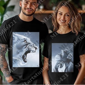 May include: Black t-shirts featuring animal portraits. One shirt displays a roaring lion in grayscale, the other a thoughtful chimpanzee. The shirts are worn by two people, showcasing the graphic designs.