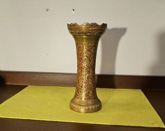 Vintage brass vase made in india etched  12 inch tall