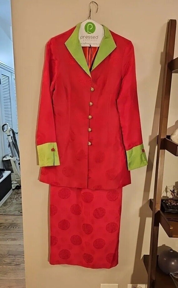 Vtg 80s 90s tradional red silk skirt top suit l ch