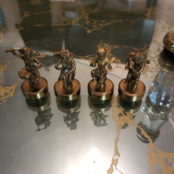 Vintage brass cherub figures set w/musical instruments heavy angels music