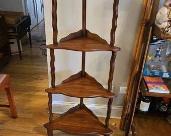 Vintage 4 tier wooden corner shelf with ornate spindles