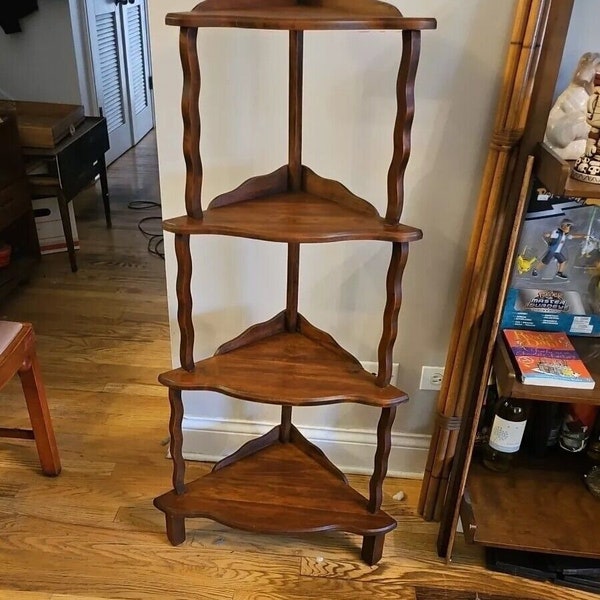 Vintage 4 tier wooden corner shelf with ornate spindles