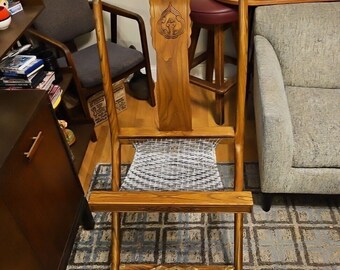 Vtg graceful chinese wood woven seat folding chair footrest brass