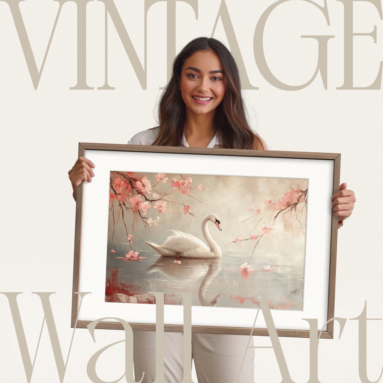 Vintage Swan Oil Painting Print Poster or Canvas | Pink and Beige ...