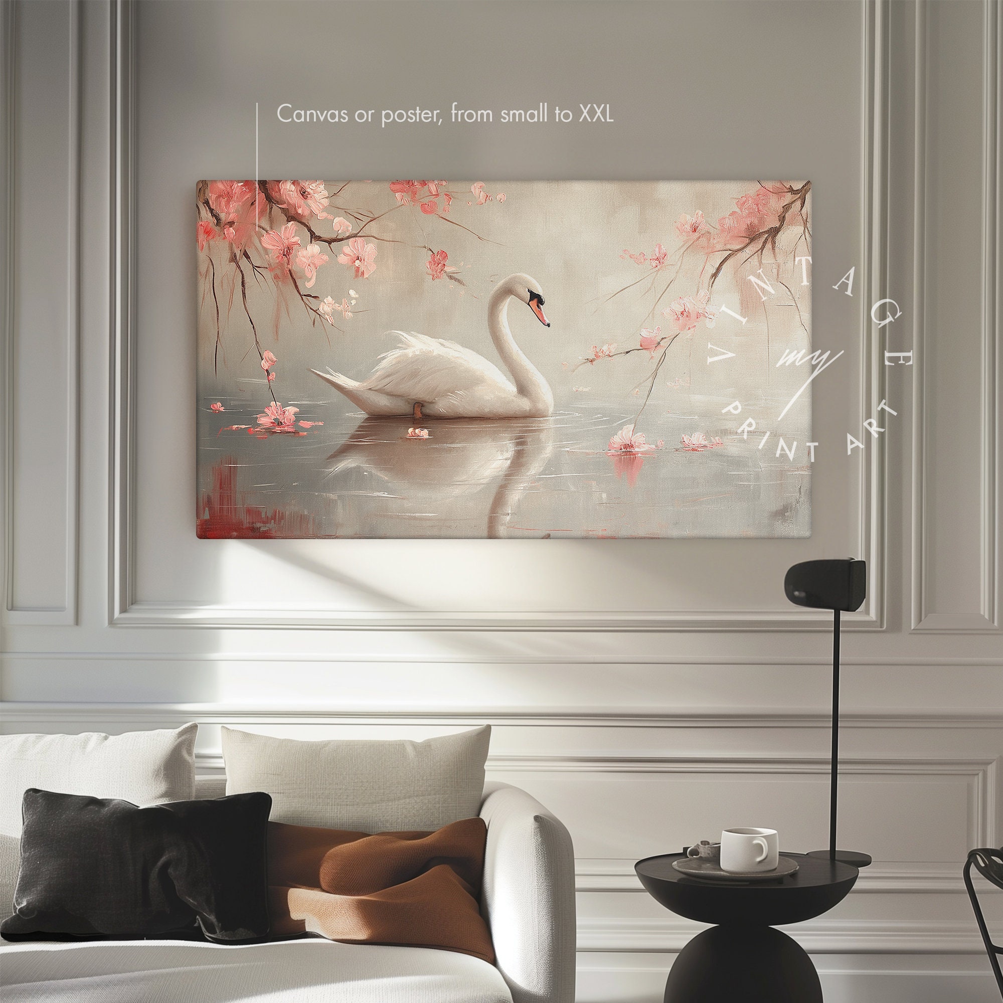 Vintage Swan Oil Painting Print Poster or Canvas | Pink and Beige ...