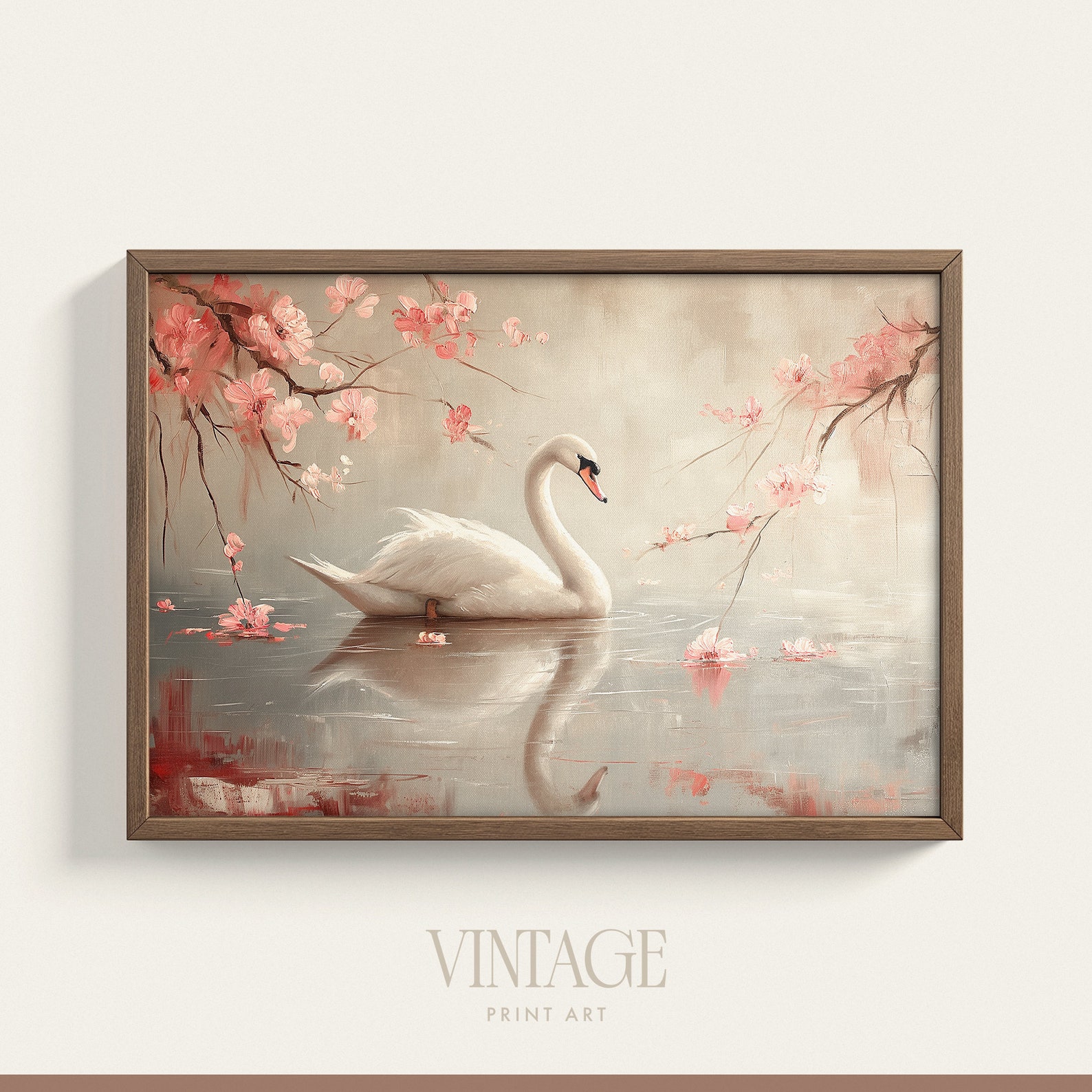 Vintage Swan Oil Painting Print Poster or Canvas | Pink and Beige ...