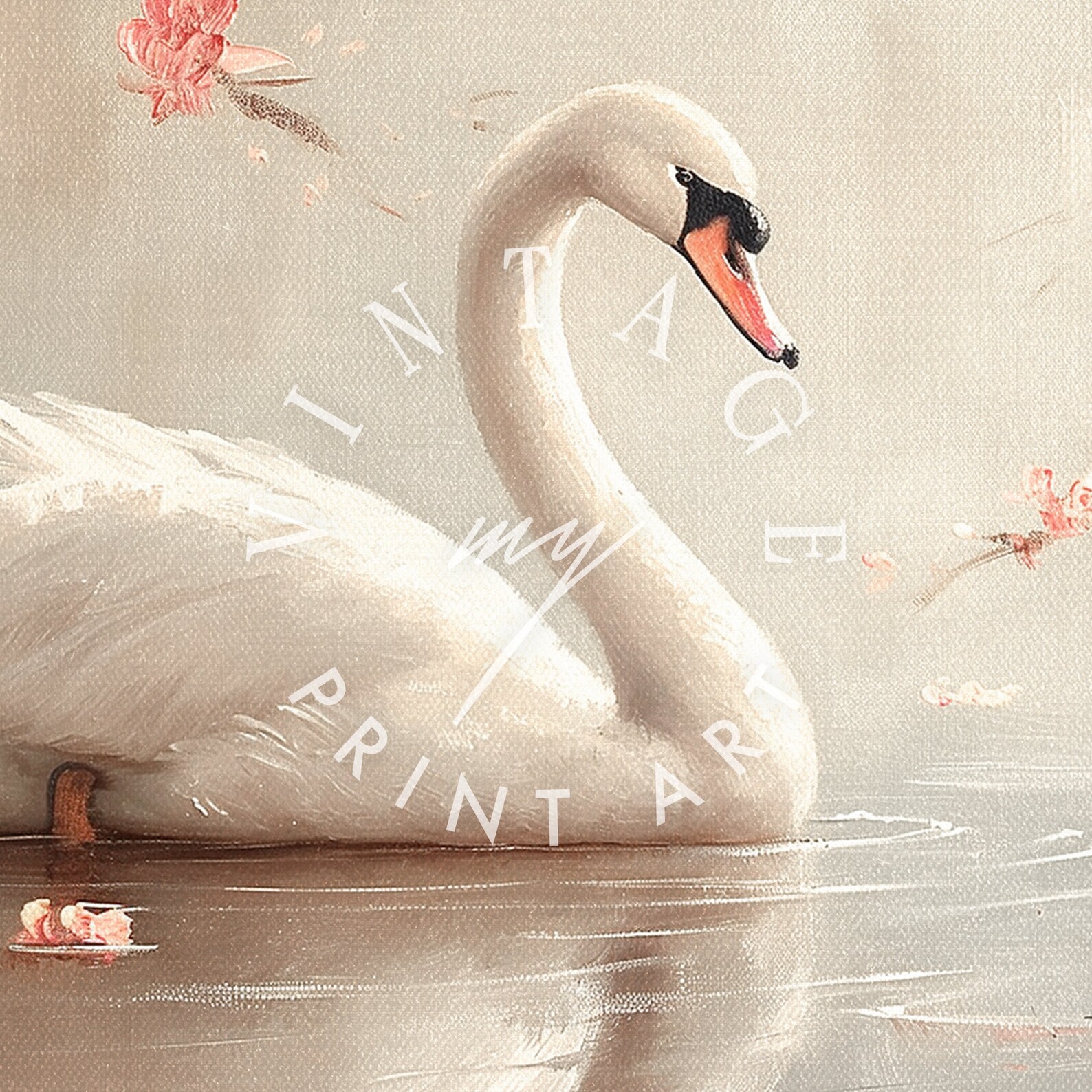 Vintage Swan Oil Painting Print Poster or Canvas | Pink and Beige ...