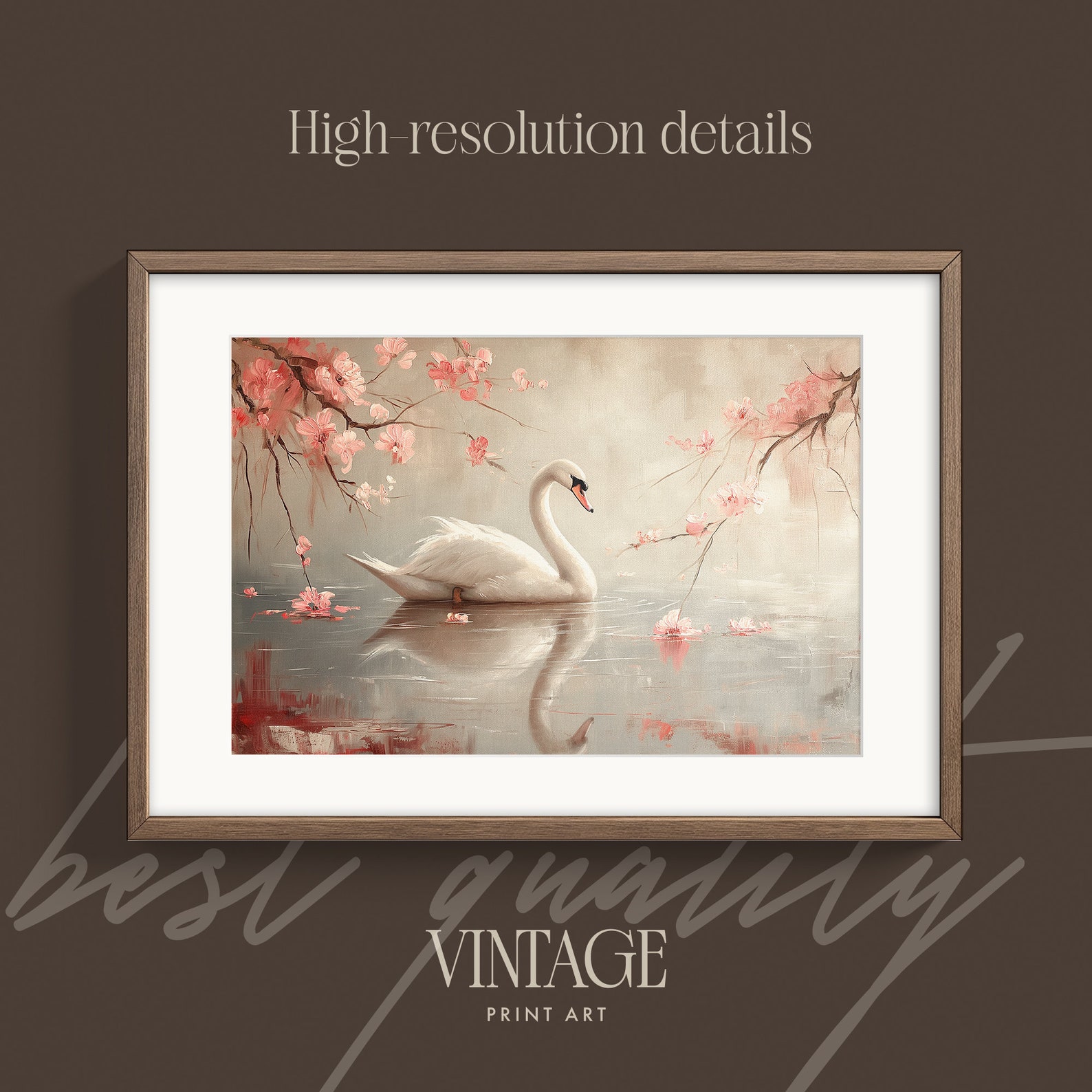 Vintage Swan Oil Painting Print Poster or Canvas | Pink and Beige ...
