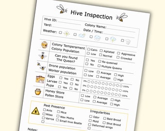 Beekeeping, Hive Inspection Checklist, template