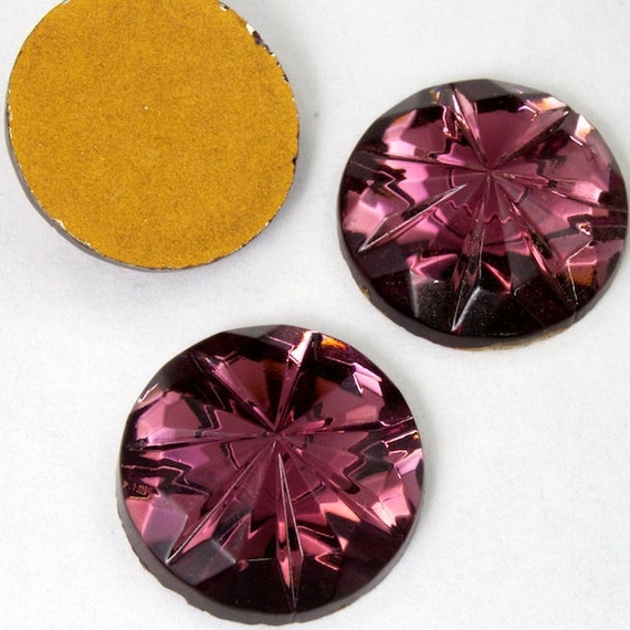 Glass Rose Pink Faceted Cabochon Gold Foiled Round Rhinestone Vintage 15 mm