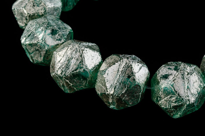 #ENG009 15 Pcs 10mm Mercury Washed Green Aqua English Cut Bead