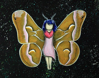 Metamorphosis - 8x10 Art Print - Girl with Blue Hair Changing into a Ailanthus Silk Moth - Art by Marcia Furman