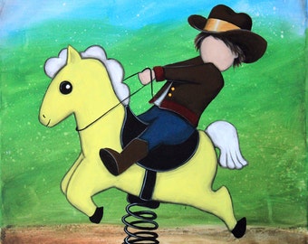 On A Steel Horse I Ride -  8x10 Art Print - Little Boy Riding Spring Horse In Playground - Art by Marcia Furman