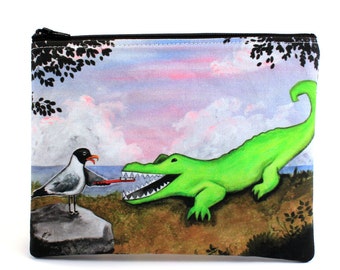 Teef - Zipper Pouch - Seagull Brushing Alligator's Teeth Playing Dentist - Art by Marcia Furman