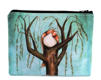 Blighted - Zipper Pouch - Red Headed Girl Willow Tree with Carved Hearts - art by Marcia Furman