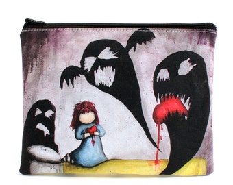 Doubts, They Get The Best of Me - Zipper Pouch - Girl With Shadow Monsters in Bedroom Eating Heart - Art by Marcia Furman