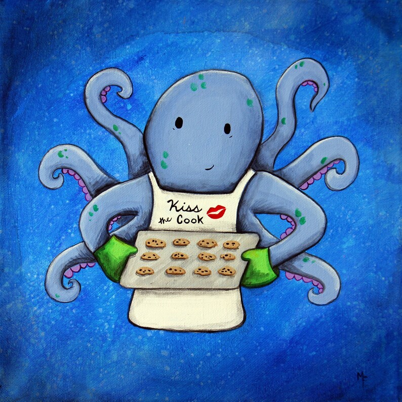 Kiss The Cook 8x10 Art Print Baker Octopus Making Cookies Art by Marcia Furman image 1