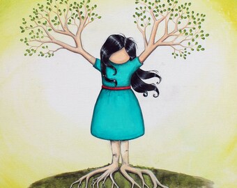 Flourish - 8x10 Art Print - Whimsical Tree Girl Brunette with Branches and Roots - Art by Marcia Furman