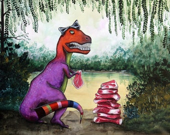 T-rex With A Pile of Meat - 8x10 Art Print - Fantastical Girl T-Rex With Bow and Pile of Meat - Art by Marcia Furman