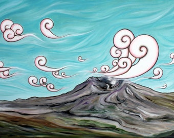 Beauty From Ashes - ORIGINAL Oil Painting - Whimsical Landscape with Swirly Clouds over Mt. St. Helens - Art by Marcia Furman