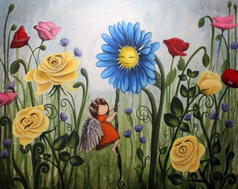 Pretty Weeds 8x10 Art Print - girl climbing blue daisy in rose garden - Art by Marcia Furman