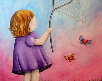 Catching Innocence - 8x10 Art Print - Little Girl Catching Butterflies and Hearts - Art by Marcia Furman