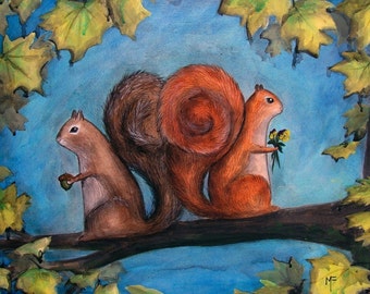 A Place for Secrets Shared - 8x10 Art Print - Squirrel Couple Romance - Art by Marcia Furman