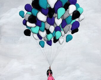 Liberation  - 8x10 Art Print  - Girl Freely Flying Away With Balloons - Art by Marcia Furman