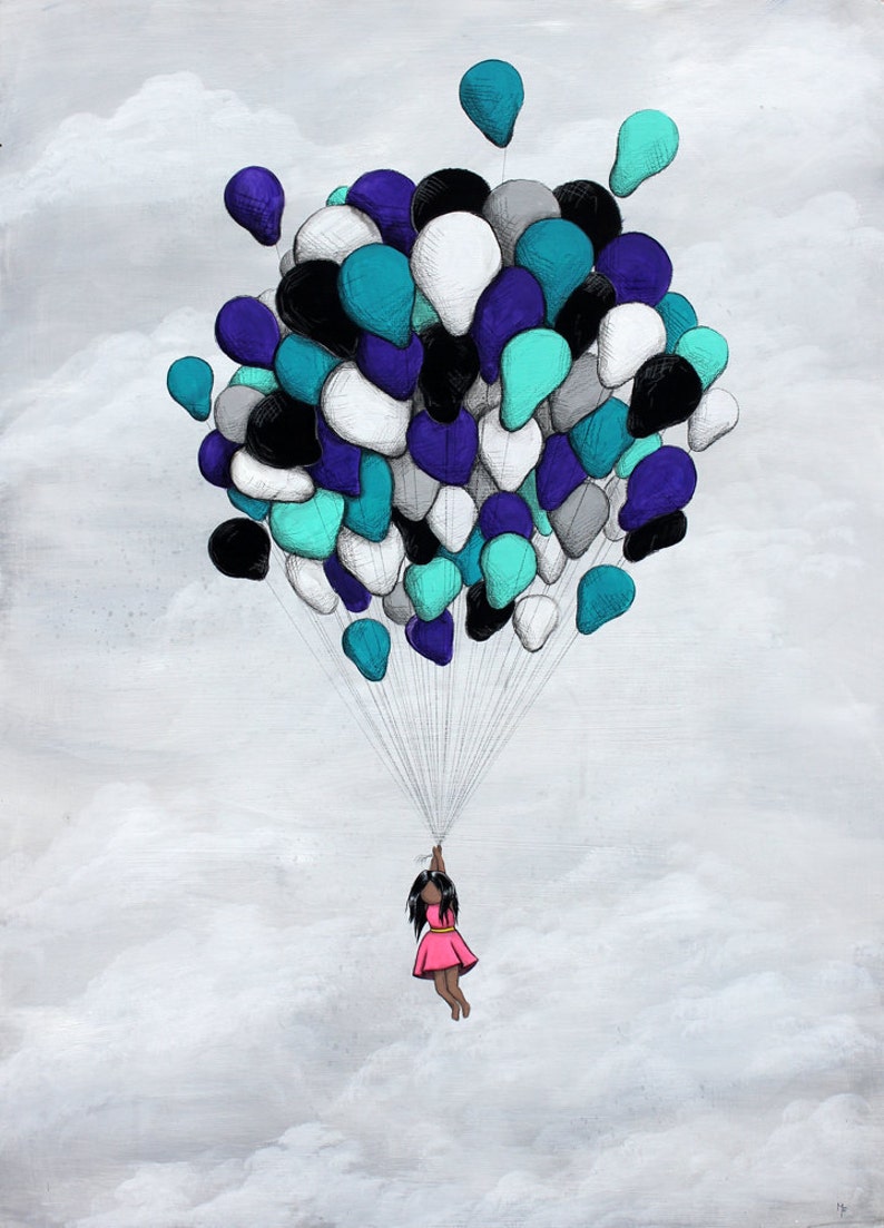 Liberation 8x10 Art Print Girl Freely Flying Away With Balloons Art by Marcia Furman image 1