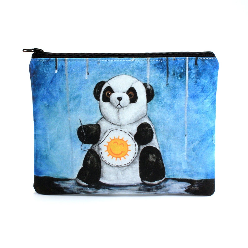 I'll Try Anything Zipper Pouch Sad Panda Sewing Sunshine on Belly to find Happiness Art by Marcia Furman image 1