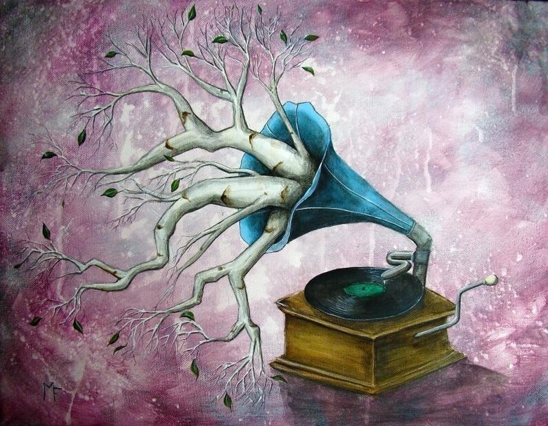 It Just Comes Naturally 8x10 Art Print Whimsical Gramophone with Birch Branches Art by Marcia Furman image 1