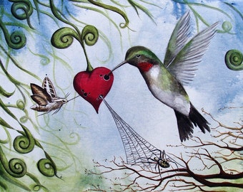 Nectar of the Heart - 8x10 Art Print - Whimsical Hummingbird Sucking Nectar From A Heart - Art by Marcia Furman