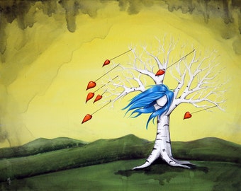 Loves Like A Hurricane - 8x10 Art Print - Whimsical Girl Tree with Blue Hair and Hearts - Art by Marcia Furman