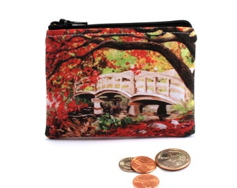 Japanese Bridge - Small Zipper Pouch - Red Autumn Leaves and Bridge - Art by Marcia Furman