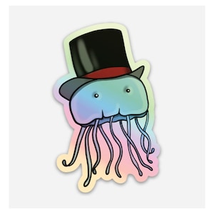 May include: A blue and iridescent jellyfish wearing a black top hat with a red band. The jellyfish has a whimsical expression and is a fun and colorful sticker.