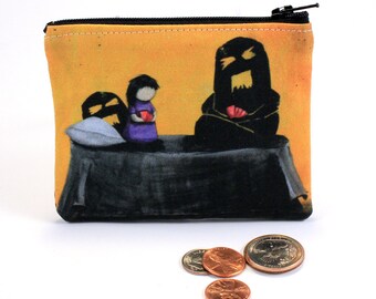 I Made Friends Instead - Small Zipper Pouch - Creepy Shadow Monster with Girl in Bedroom Playing Cards - Art by Marcia Furman