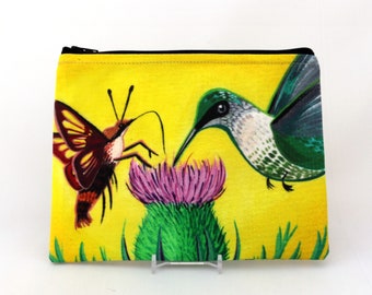 Humming Buds - Zipper Pouch - Humming Bird Moth and Humming Bird hanging out at a Thistle - Art by Marcia Furman