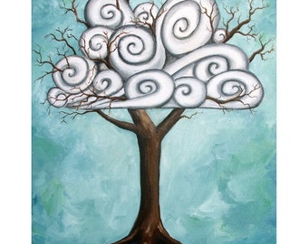 Swirly Tree - 8x10 Art Print  - Whimsical Tree with Swirly Clouds in the Branches - Art by Marcia Furman