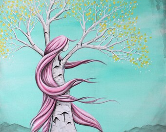 Content - 8x10 Art Print  - Whimsical Tree Girl with Pink Hair, Yellow Leaves and Aqua Sky - Art by Marcia Furman