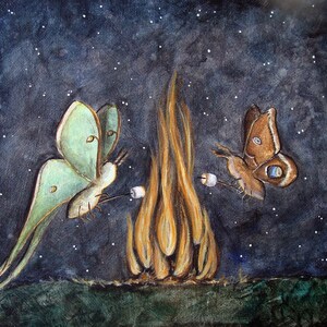 May include: Two moths, one green and one brown, are roasting marshmallows over a campfire under a starry night sky.