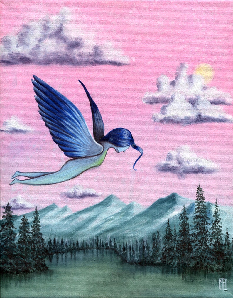 One Time, I Had Wings 8x10 Art Print Whimsical Surreal Bird Girl Flying Over Trees and Mountains Art by Marcia Furman image 1