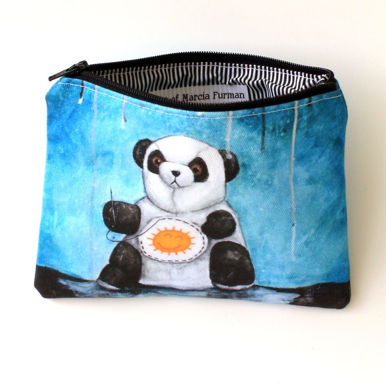 I'll Try Anything Zipper Pouch Sad Panda Sewing Sunshine on Belly to find Happiness Art by Marcia Furman image 2