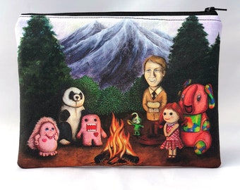 Campfire of Misfit Toys - Zipper Pouch - Whimsical bonfire with various toys - Art by Marcia Furman