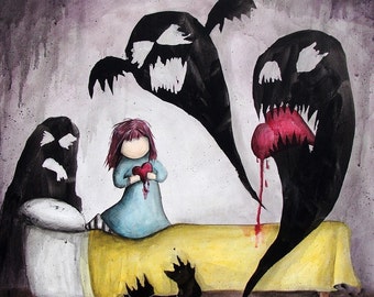 Doubts, They Get The Best Of Me - 8x10 Art Print - Little Girl with Monsters in Bedroom Eating Heart - Art by Marcia Furman