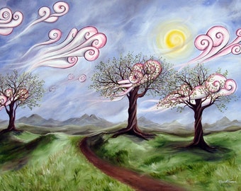 Defiant Beauty - 8x10 Art Print - Whimsical Landscape with Trees and Swirly Clouds - Art by Marcia Furman