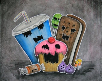 Axis of Evil - 8x10 Art Print - Evil Cup Cake, Soda, Ice Cream Sandwich, Lollipop, Candy Corn & Tootsie Roll - Art by Marcia Furman