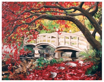 Japanese Bridge - 8x10 Art Print - Red Autumn Leaves and Bridge - Art by Marcia Furman