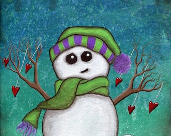 I Love You Snow Much - 8"x10" Art Print - Whimsical Snow Man - Art by Marcia Furman