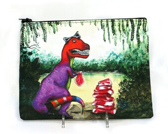 T-rex With Pile Of Meat To Eat - Zipper Pouch - Fantastical Girl T-Rex With Bow and Pile of Meat - Art by Marcia Furman