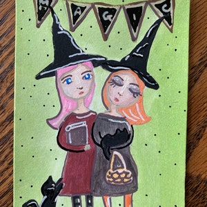 ACEO art card Witch Girls w Cats and Magic ATC original